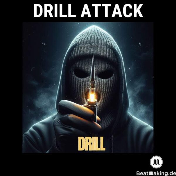 UK Drill Type Beat Drill Attack Coverart, Mann mit Kaputze und Sturmhaube auf. Patrone feuert aus Lauf