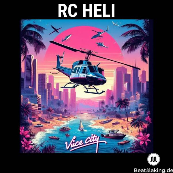 RC Heli Coverart vom Dancehall Beat, Buntes Bild im Retro Style blau, pink und Orange, Miami Skyline mit Helikopter im Vordergrund