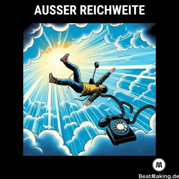 Ausser Reichweite Coverart des Instrumentals von PDHBeats. Mann in Comic Look, der durch den Himmel fliegt und an einer Telefonschnur hängt