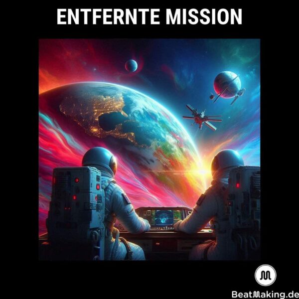 Entfernte Mission Coverart von PDHBeats, Zwei Astronauten, die aus der Scheibe ihrers Raumschiffs auf einen Planeten getaucht in bunten Nebel schauen. KI generiert