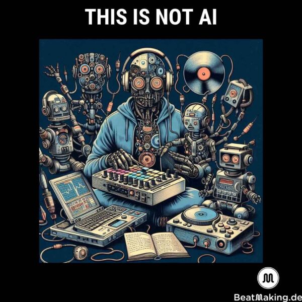 This is not AI Coverart, Ein Roboter, der wie ein Mensch aussieht und Hip Hop Beats produziert, abstrakte Darstellung, künstlerisch und KI generiert