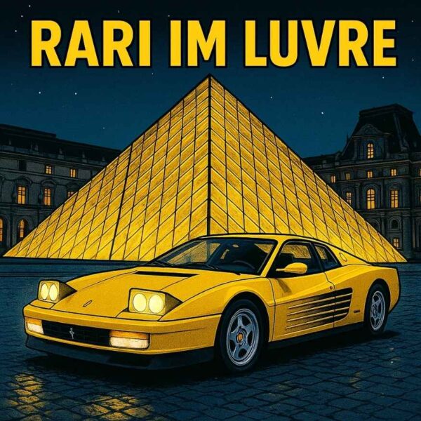 gelber Ferrari Testarossa vor der Pyramide des Louvres in Paris gezeichnet in einem Comic Stil